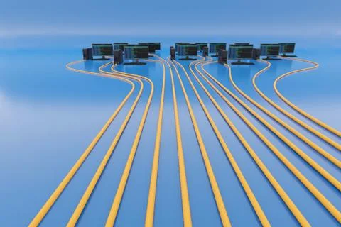 Computer network, cloud computing concept on blue background. Digital 3D rend Stock Illustration