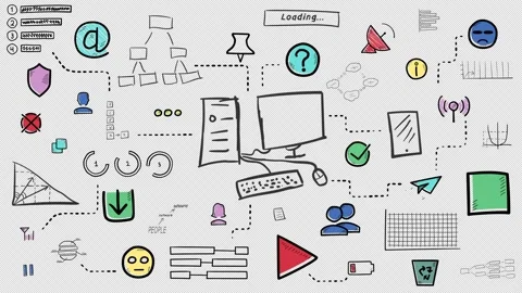 Computer network connecting various digital icons Stock Footage 302172054