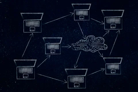 Computer network with connections in and out of an electronic circuit cloud Stock Illustration