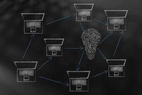 Computer network with connections in and out of an electronic circuit lightbu Stock Illustration