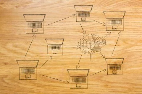 Computer network with connections in and out of an electronic circuit brain Stock Illustration