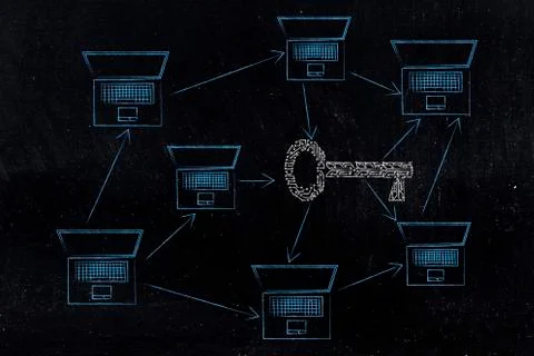 Computer network with connections in and out of an electronic circuit key Illustrazione stock
