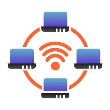 Computer network flat icon. Laptop networking color icons in trendy flat style Stock Illustration