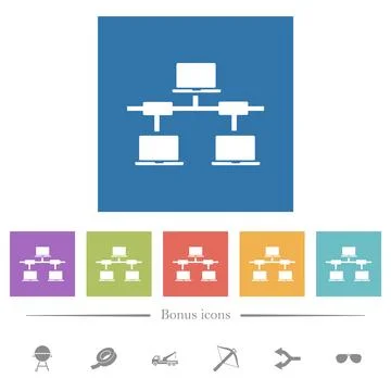 Computer network flat white icons in square backgrounds Illustrazione stock