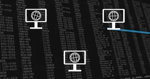 Computer network icons image over data processing screen with code Stock Photos
