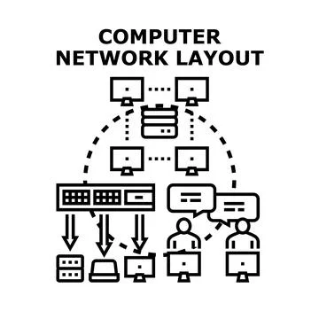 Computer network layout connecting devices and people Illustrazione stock
