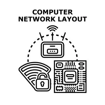 Computer network layout connecting hardware with secure wireless internet イラスト素材