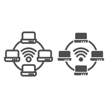 Computer network line and glyph icon. Laptop networking vector illustration Stock Illustration