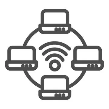 Computer network line icon. Laptop networking vector illustration isolated on Stock Illustration