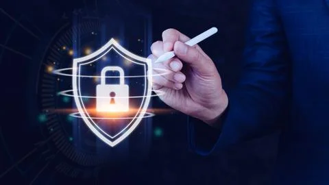 Computer network protection, secure and safe your data concept, businessman.. Foto stock