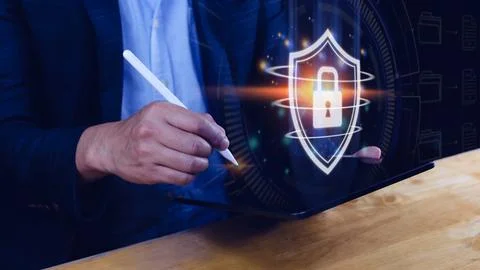 Computer network protection, secure and safe your data concept, businessman.. Foto stock