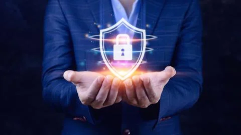 Computer network protection, secure and safe your data concept, businessman.. Foto stock
