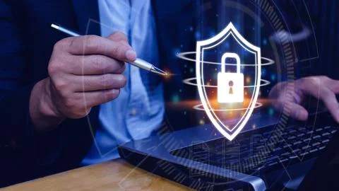Computer network protection, secure and safe your data concept, businessman.. Foto stock