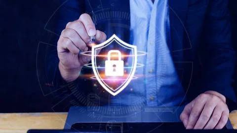 Computer network protection, secure and safe your data concept, businessman.. Foto stock