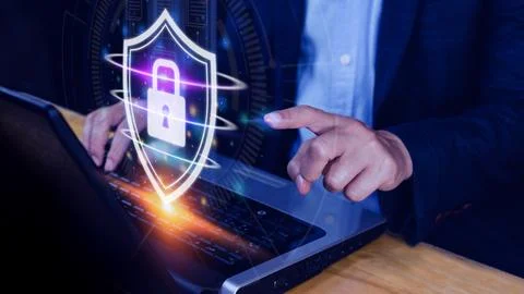 Computer network protection, secure and safe your data concept, businessman.. Foto stock
