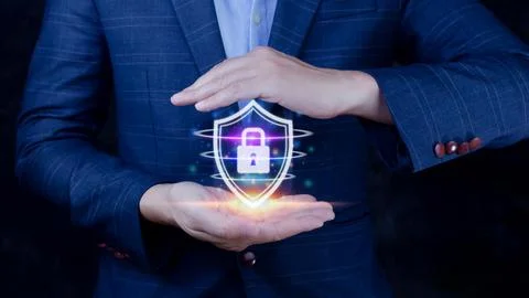 Computer network protection, secure and safe your data concept, businessman.. Foto stock