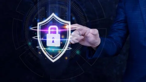 Computer network protection, secure and safe your data concept, businessman.. Foto stock