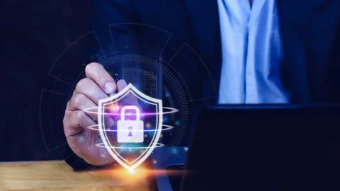 Computer network protection, secure and safe your data concept, businessman.. Foto stock
