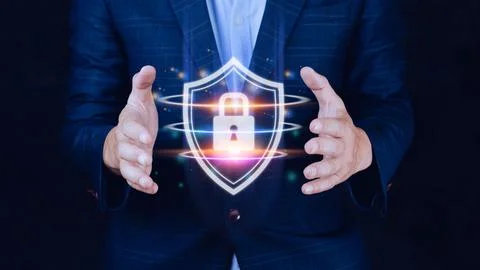 Computer network protection, secure and safe your data concept, businessman.. Foto stock