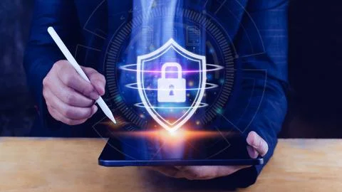 Computer network protection, secure and safe your data concept, businessman.. Stock Photos
