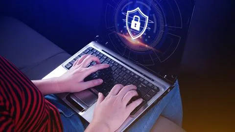 Computer network protection, secure and safe your data concept, using holdi.. Stockfoto's