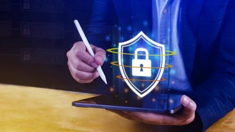 Computer network protection, secure and safe your data concept, businessman.. Foto stock