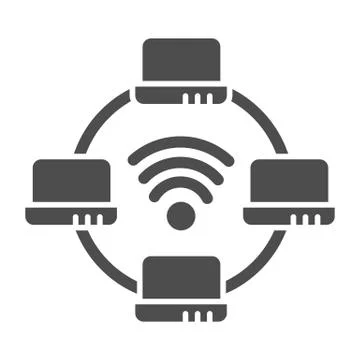 Computer network solid icon. Laptop networking vector illustration isolated on Illustrazione stock