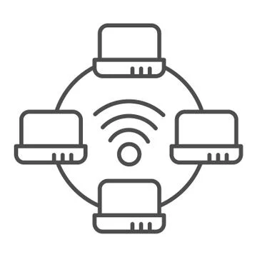 Computer network thin line icon. Laptop networking vector illustration isolated Illustrazione stock