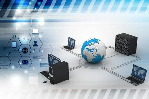 Computer networking with globe and server in color background Stock Illustration