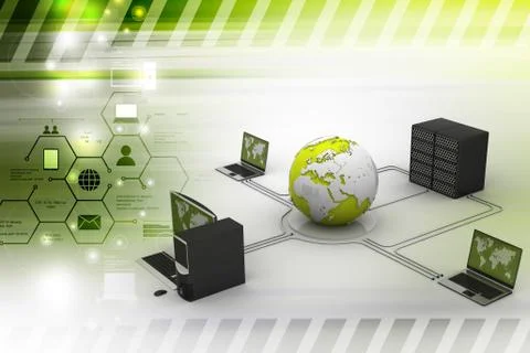Computer networking with globe and server in color background Illustrazione stock