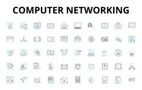 Computer networking linear icons set. Router, LAN, WAN, Ethernet, Firewall Stock Illustration