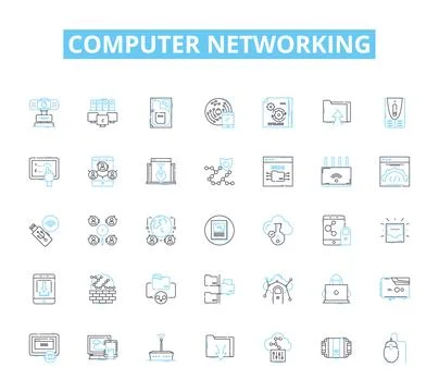 Computer networking linear icons set. Router, LAN, WAN, Ethernet, Firewall Stock Illustration