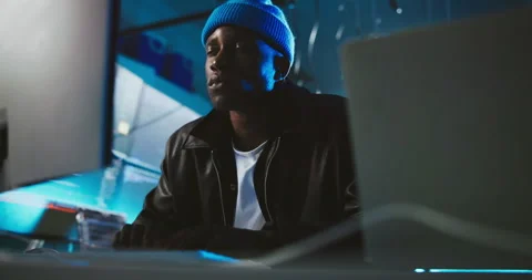 Computer, night and black man in office for coding, programming, software update Stock Footage 309814574