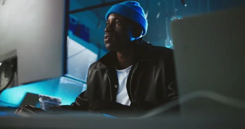 Computer, night and black man coding in office for programming, software update Stock Footage 309822484