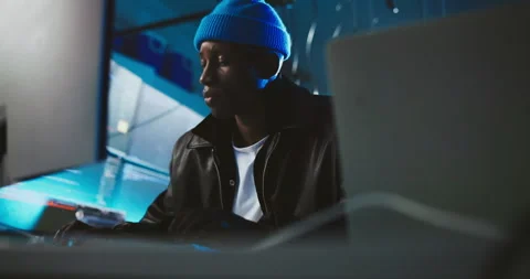 Computer, night and man in office for coding, programming, software update and Stock Footage 309817561