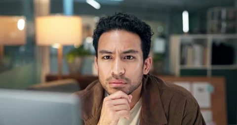 Computer, night and reading with designer man at desk in office for project Stock Footage 322573861