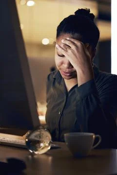 Computer, night headache and black woman tired after overtime bookkeeping Stock Photos