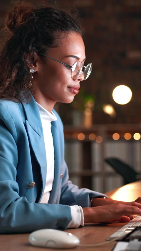 Computer, night or copywriter in office with glasses, draft edit or source Stock Footage 333322506