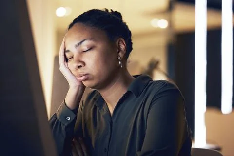 Computer, night sleep and black woman tired after overtime bookkeeping Stock Photos