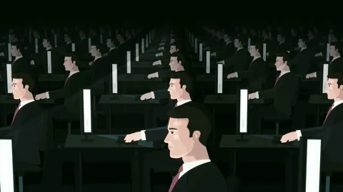 Computer night work office workplace with identical clerk man clones animation Video stock 120638305