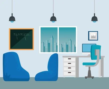 Computer with noteboard and desk with chairs and lights イラスト素材