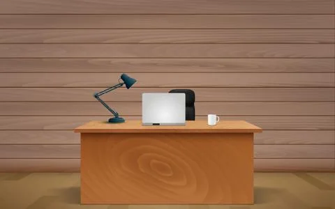 Computer notebook and lamp on the wooden table in the wooden room Stock Illustration