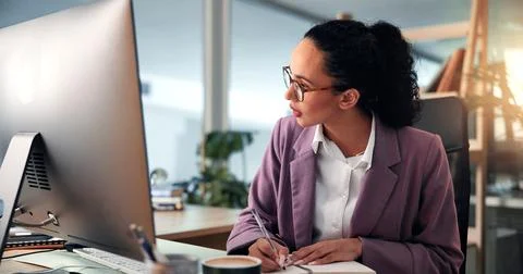 Computer, notebook and planning with business woman at desk for investment or 스톡 사진
