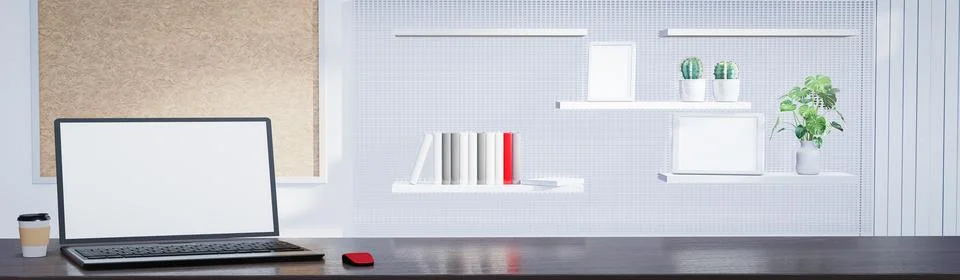 Computer, notebook, blank screen, white. The desk is made of long wood with.. Stock Illustration