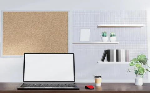 Computer, notebook, blank screen, white. The desk is made of long wood with.. Stock Illustration