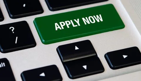 Computer notebook keyboard with Apply Now key, silver laptop Stock Photos