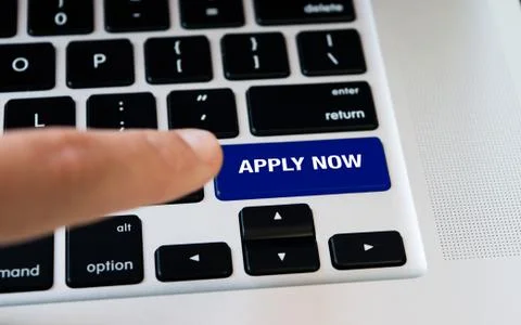 Computer notebook keyboard with Apply Now key, silver laptop Foto stock