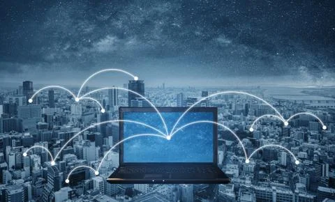 Computer notebook with network connection in the city Stock Photos