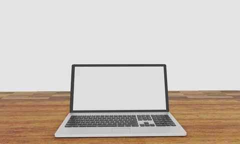 Computer Notebook or labtop white and blank screen on wooden surface table. W Stock Illustration