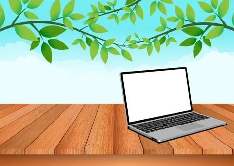 The computer notebook is placed on a wooden floor with natural sky and foliag Stock Illustration